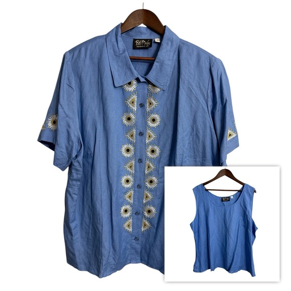 Bob Mackie Tops - Bob Mackie linen blend shirt tank top set women's 2X blue embroidered flowers